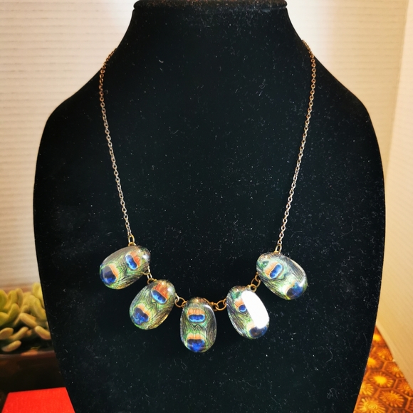 Antiqued Bronze Tone Chunky Peacock Feather Necklace - Picture 2 of 16